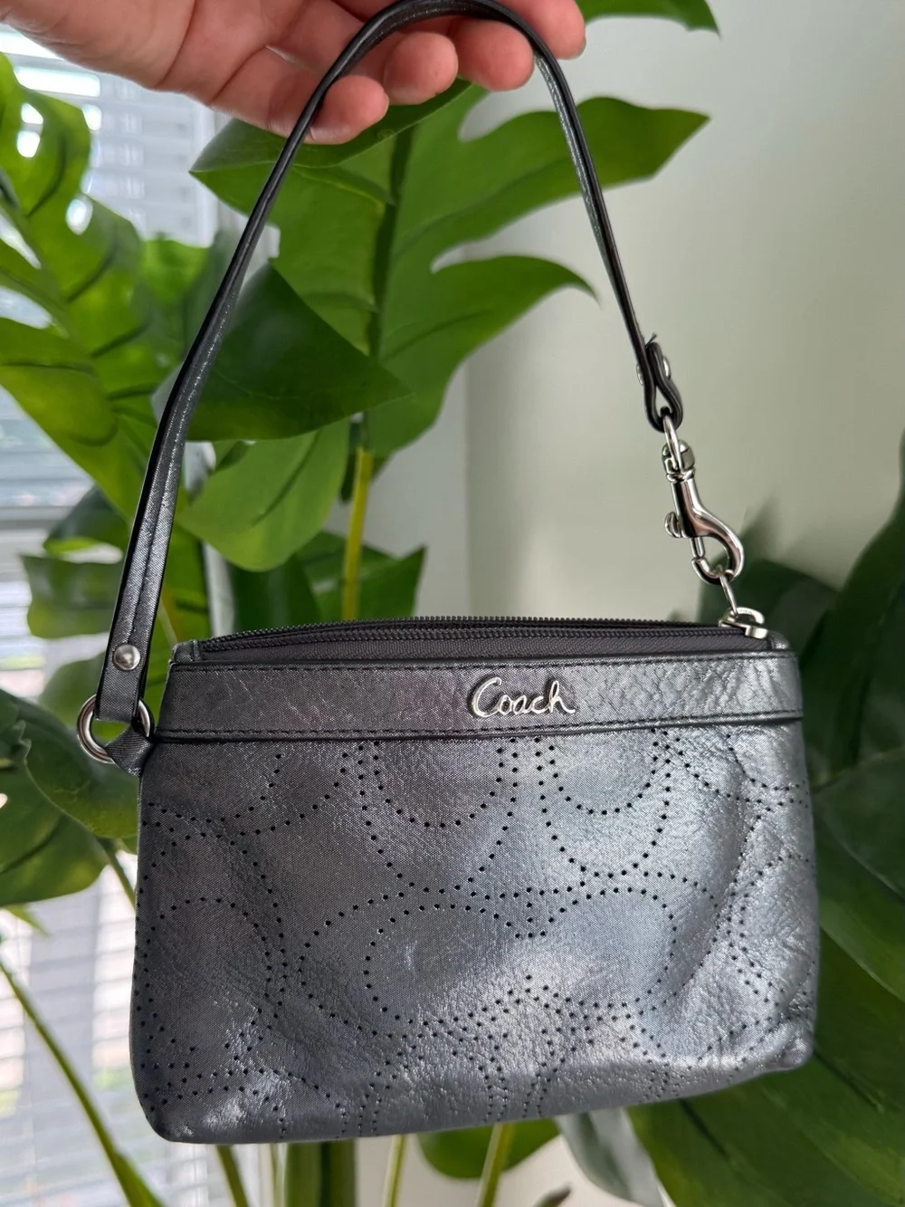 Coach Wallets Perforated Silver Metallic Leather Top Zip Detachable Wristlet